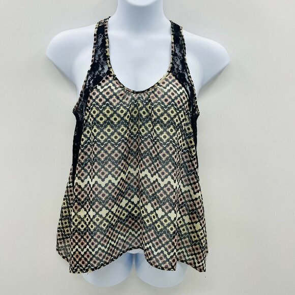 Lily White Womens Size Large Sleeveless Scoop Neck Printed Blouse Lace Trim 412 - Picture 1 of 5